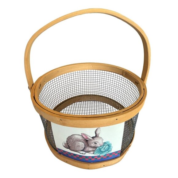 Vtg Wooden Chicken Wire Basket Rabbit‎ Bunny Print Rustic Decor - Picture 1 of 5